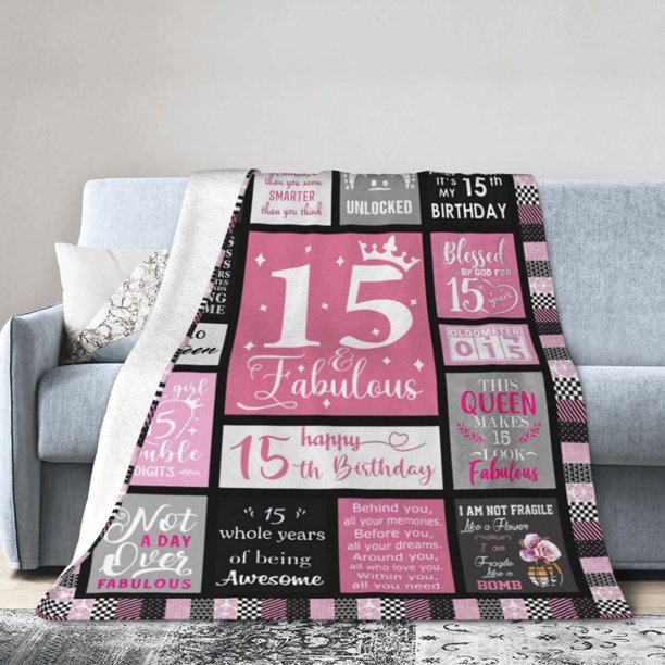 LHSHID Happy 15th Birthday Throw Blanket Soft Fuzzy Fleece Blanket For Couch Bed Living Room Decoration 40x50in