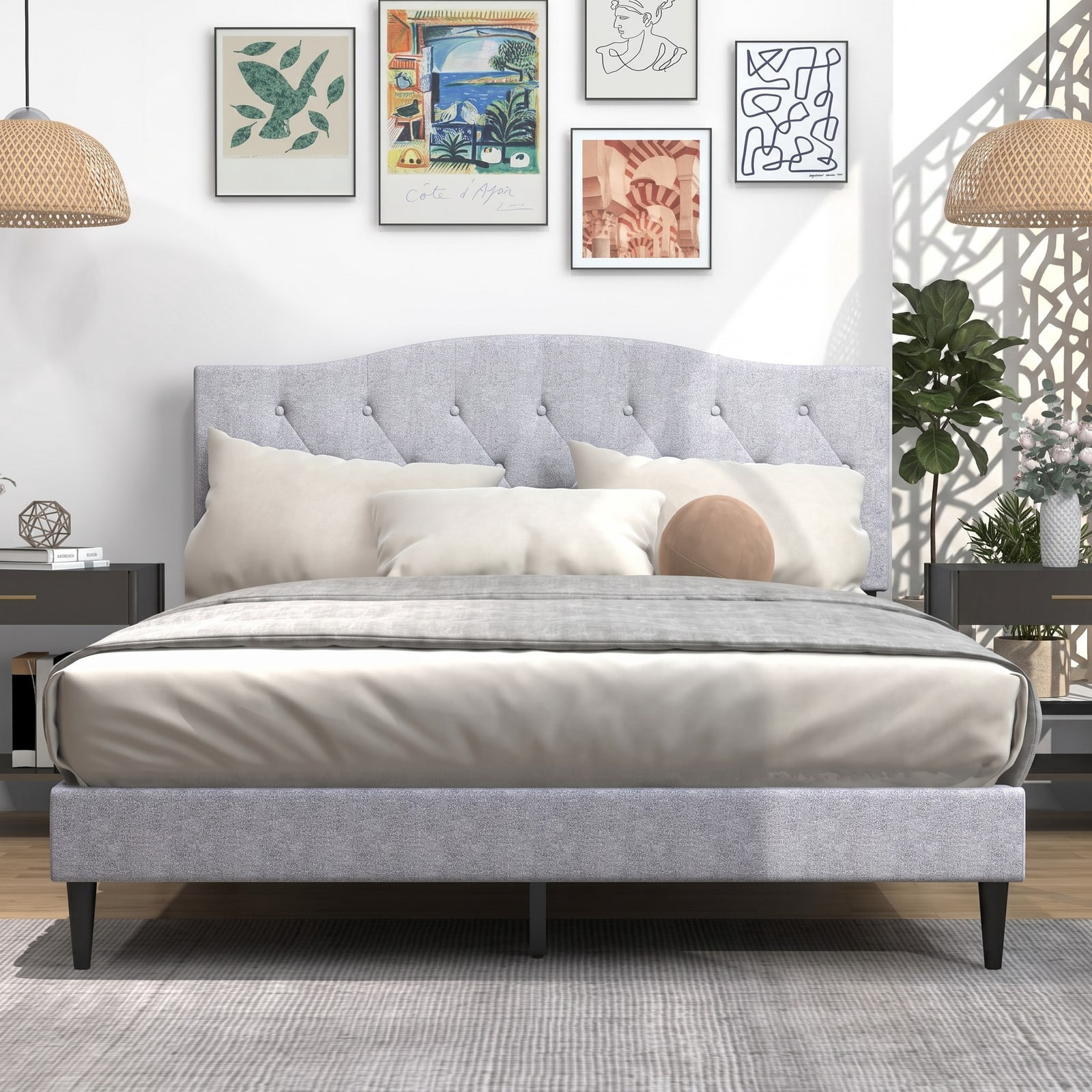 Furnibear Queen Bed Frame Upholstered Platform Bed with Button Tufted Headboard and Wooden Slats for Bedroom and Guest Room, Gray