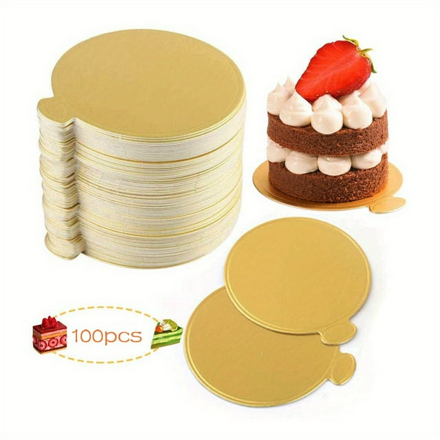 OUSITAID 50pcs Mini Round Golden Cardboard Cake Base Mousse Dessert Cake Boards Disposable Paperboard Cupcake Boards for Wedding Birthday Party Displays Tray - 3.5In/9Cm for Halloween