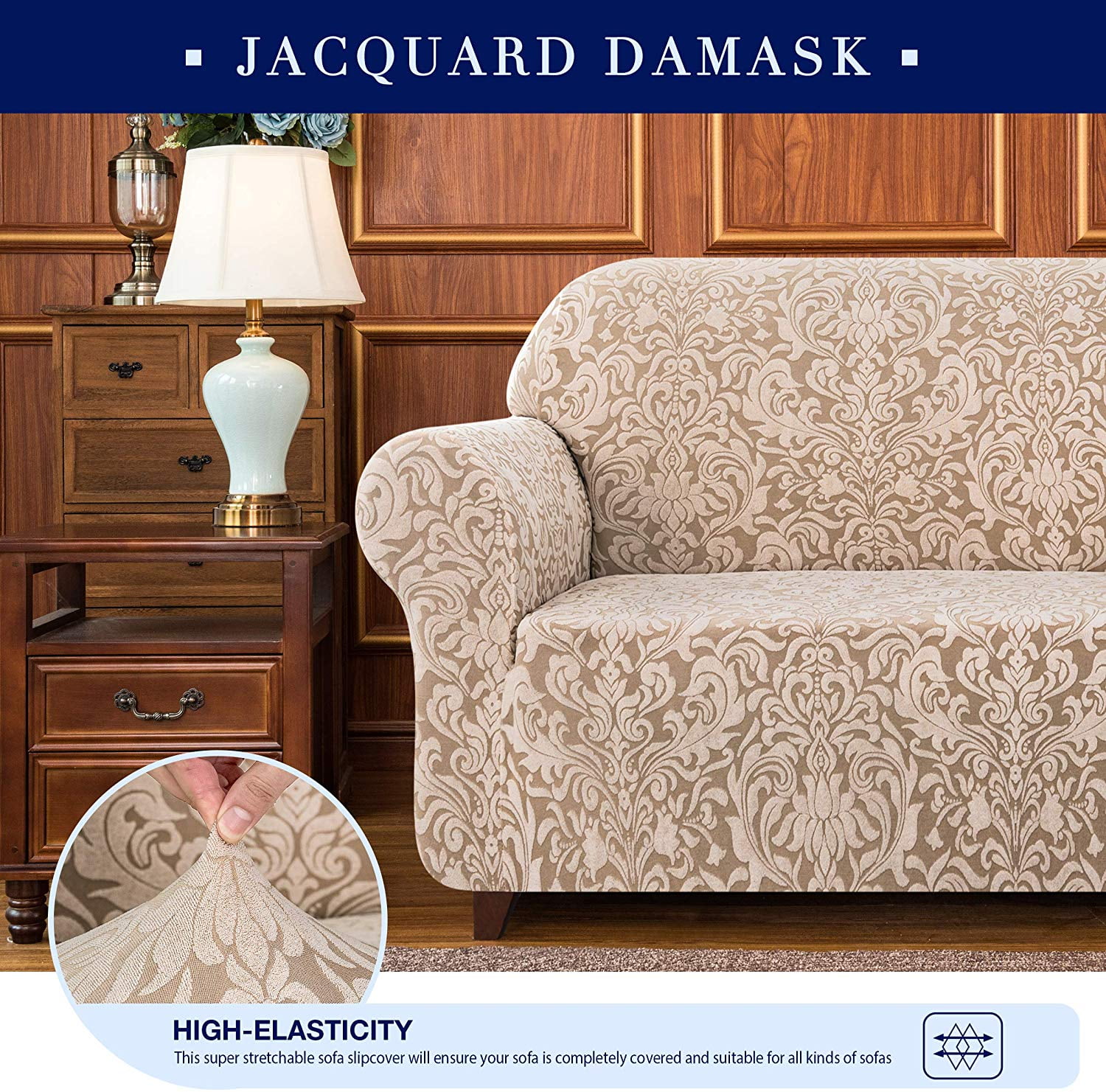 Subrtex Sofa Slipcover 1-Piece Jacquard Damask Couch Cover,Sofa,Oatmeal