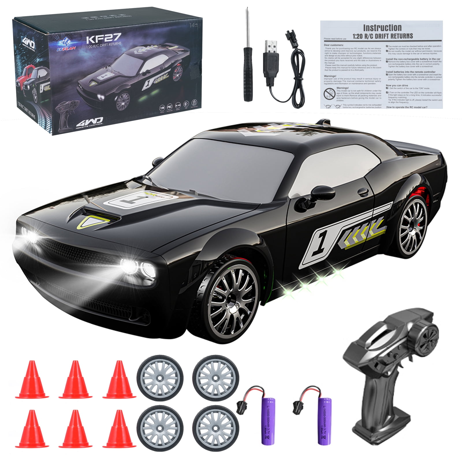 Car 1/20 Remote Control Drift Car 2.4GHz Fully Proportional Remote Control Car 4WD Race Drifting Cars Toy With Cool Lights Drift Tires, Racing Tires Replaceable-Red, 2 Battery