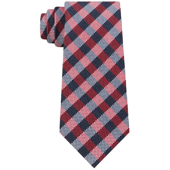 Tommy Hilfiger Men's Navy Blue Ground Plaid Classic Neck Tie Silk, Red Plaid