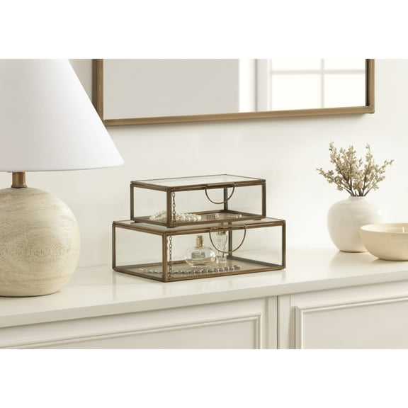 Kate and Laurel Nevala Traditional Decorative Glass Box Set for Tabletop Storage, Set of 2, Clear Glass and Antique Brass, Vintage Jewelry Boxes for Bathroom Vanity Organization or Entryway Decor