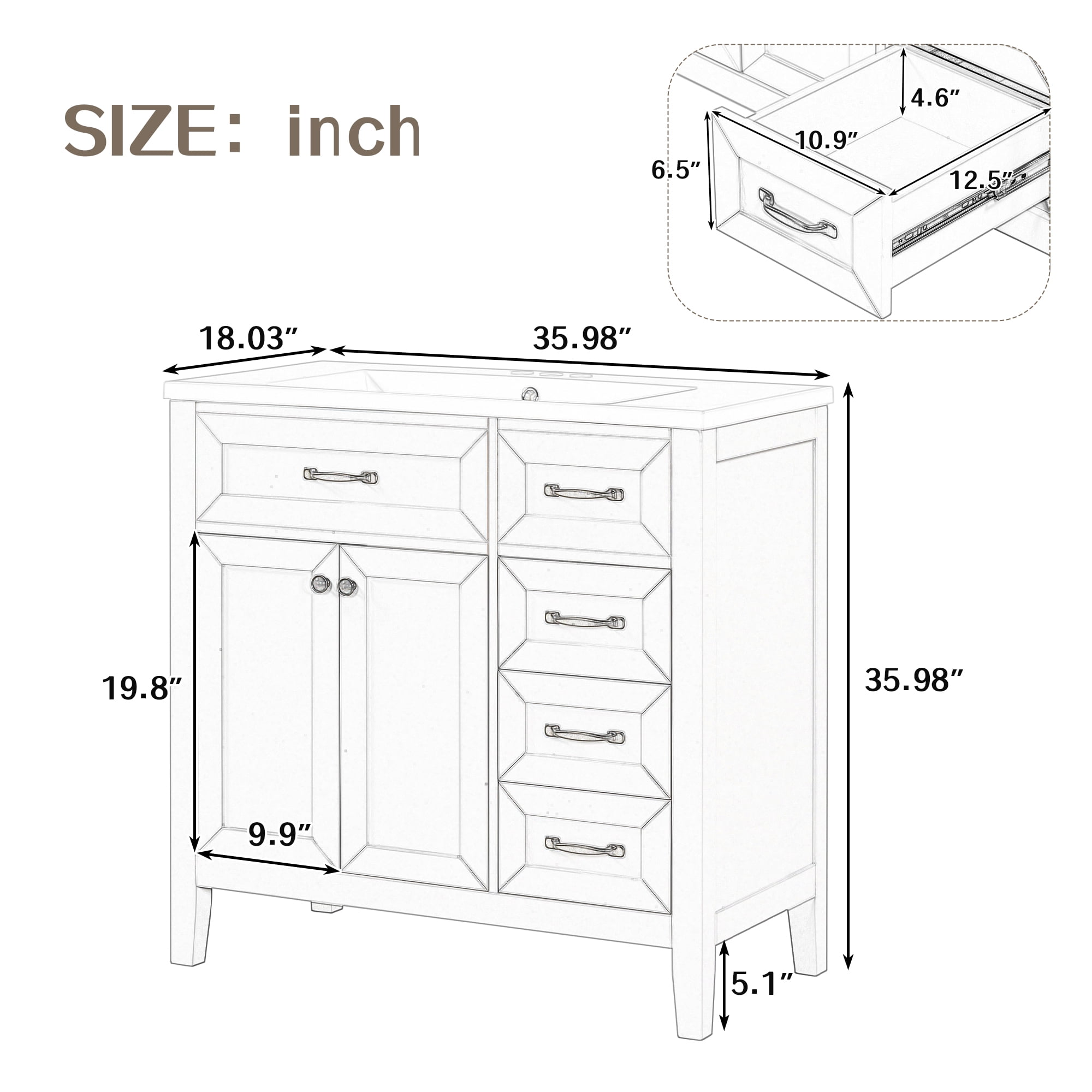 Harper & Bright Designs 36" Bathroom Cabinet Vanity with Sink Combo, White Bathroom Storage Cabinet with 3 Drawers and Two Doors, Solid Wood Frame and MDF Board