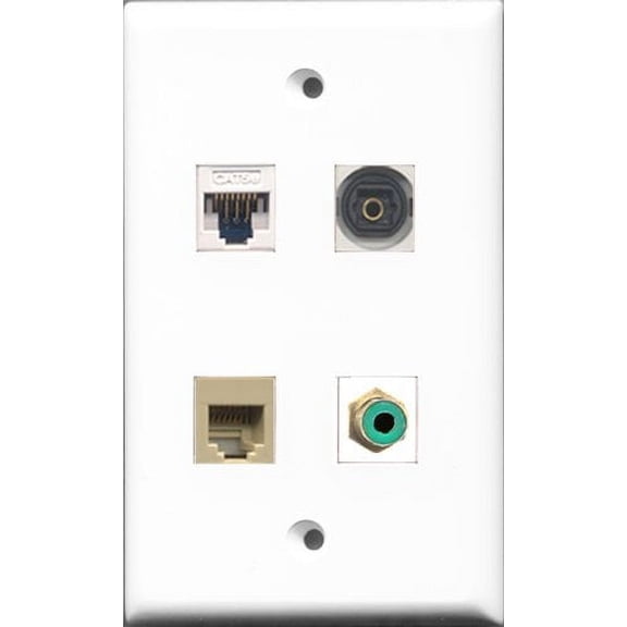 RiteAV 1 Port RCA Green and 1 Port Phone RJ11 RJ12 Beige and 1 Port Toslink and 1 Port Cat5e Ethernet White Wall Plate