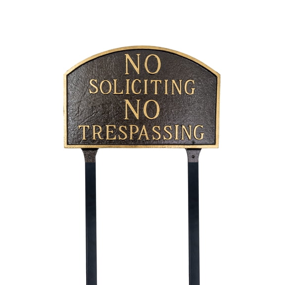 No Soliciting, No Trespassing Standard Arch Statement Plaque with Lawn Stakes - Hammered Bronze