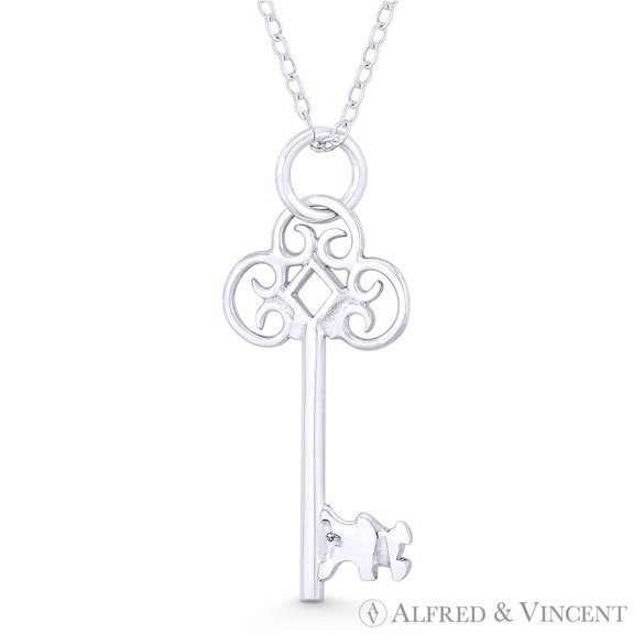 Antique-Style Skeleton Key Love Charm Pendant in .925 Sterling Silver