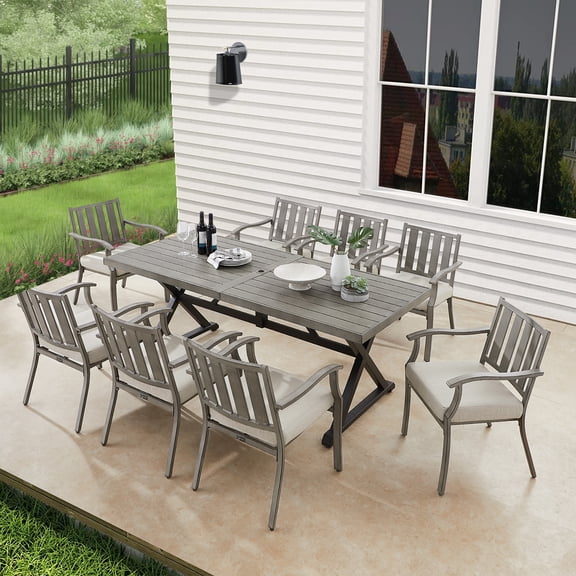 Ulax Furniture 9 Pieces Outdoor Patio Dining Set with Aluminum Rectangular Table and Chairs with Sunbrella Cushions for 8 person, Gray