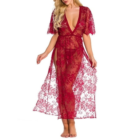 

Eyicmarn Women’s Lingerie Two Piece Set Fashion Perspective Lace Short Sleeve Dress and Low Waist Thong