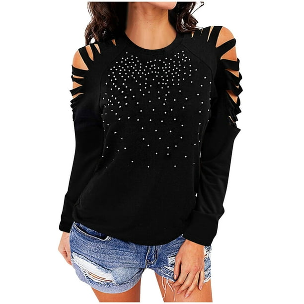 Moda para mujer, manga larga, cuello redondo, taladro caliente, mangas recortadas, blusa para mujer Pompotops FGAJ12874