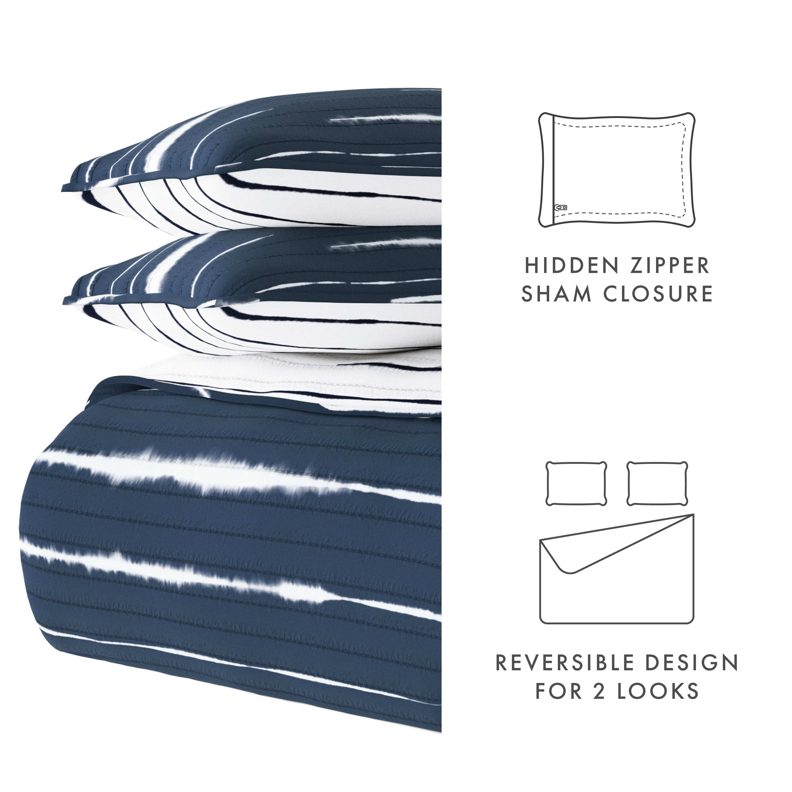 Noble Linens Navy 3 Piece Horizon Lines Reversible Microfiber Quilt Set, Twin / Twin XL