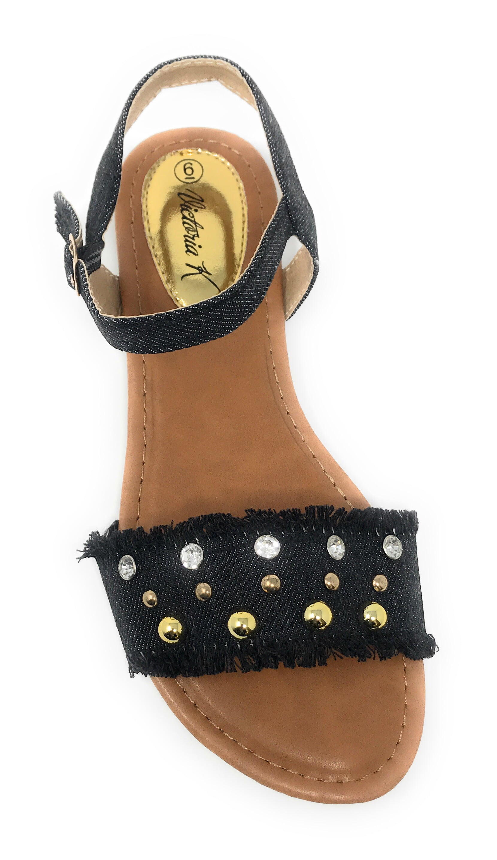 Victoria K Women's Fringed Denim With Studs And Rhinestone Sandals