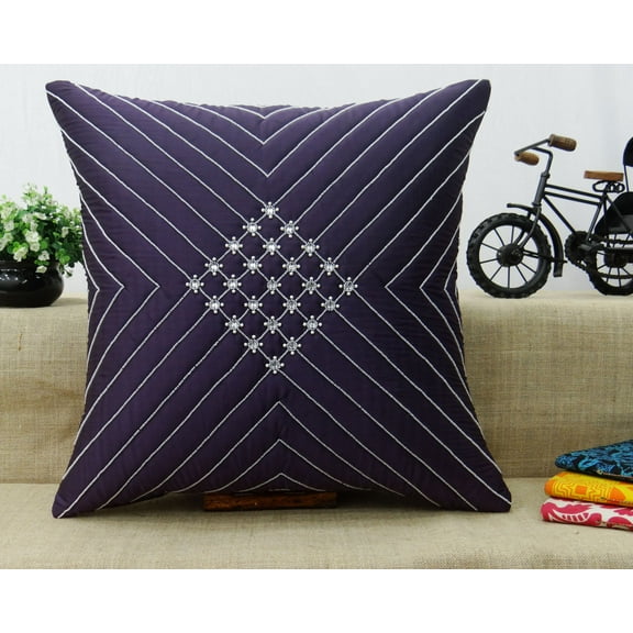 S4Sassy Decorative Hand Beaded Purple Cushion Cover Exculsive Pillowcase Square Throw 12 x 12