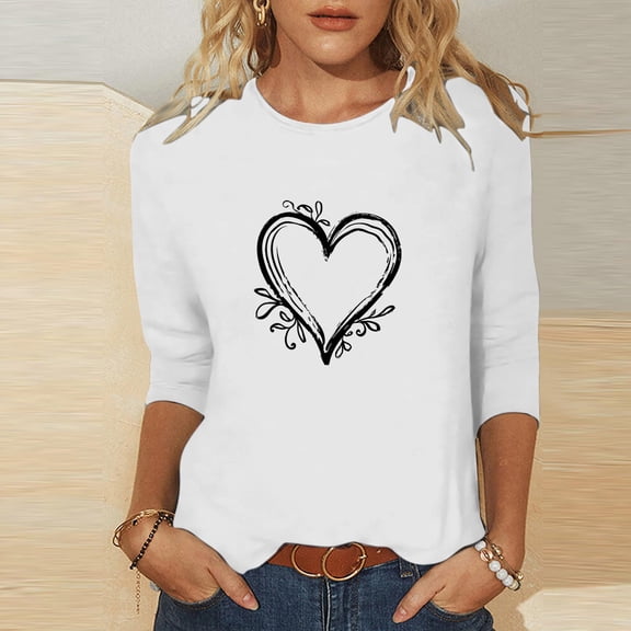 Mceream Valentines Shirts for Wome 3/4 Sleeve Funny Love Heart Print Tee Tunic Tops Casual Crew Neck T-Shirts Blouses Spring Graphic Tees Plus Size Camisas De San Valentin Mujer White S