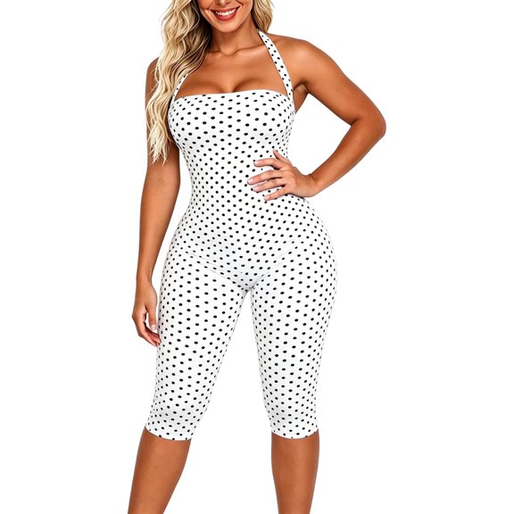 Wxolcjlv Polka Dot Halter Capri Jumpsuit for Women Sleeveless Tight Fit Casual One Piece Romper