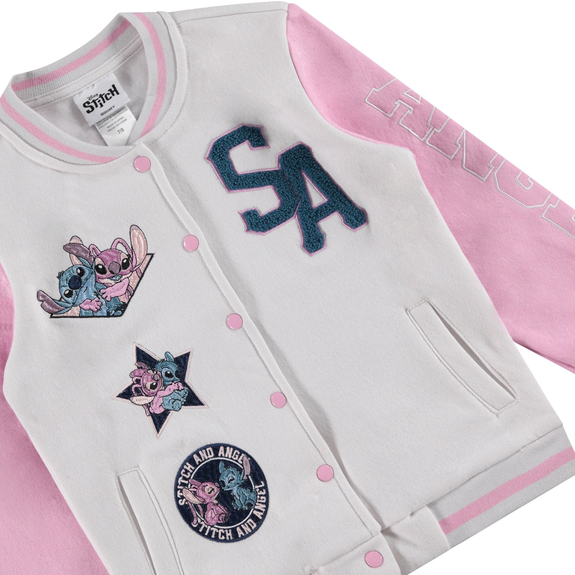 Lilo,Stitch and Angel Varsity Bomber Jacket - Little and Big Girl Sizes 4-16, Light Grey/Pink, 10-12
