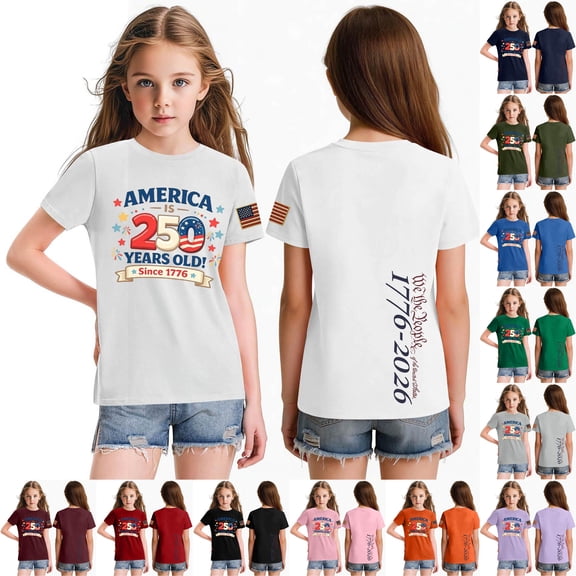 YOUYEDIAN Independence Day Girls T Shirts 4th Of July Patriotic Crewneck Tshirt Freedom Short Sleeve Tops (White, 13-14 Years)