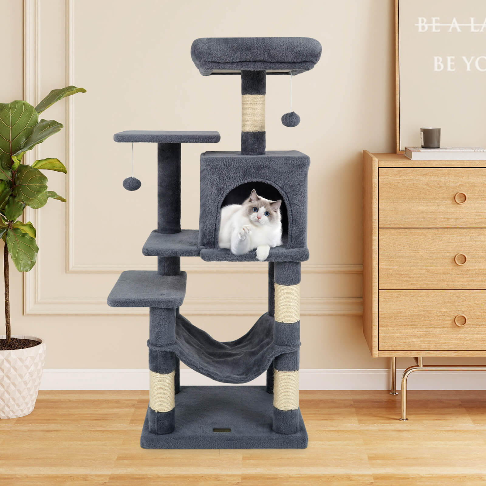Costway 44” Tall Multi-level Cat Tree with Cushion Top Perch, 2-Entrance Large Cat Condo Dark Gray
