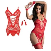 Sexy Lingerie for Women Lace Teddy Bodysuit Adjustable Straps Babydoll Camisole Set with Wrist Restraints with Matching Stocking One Size