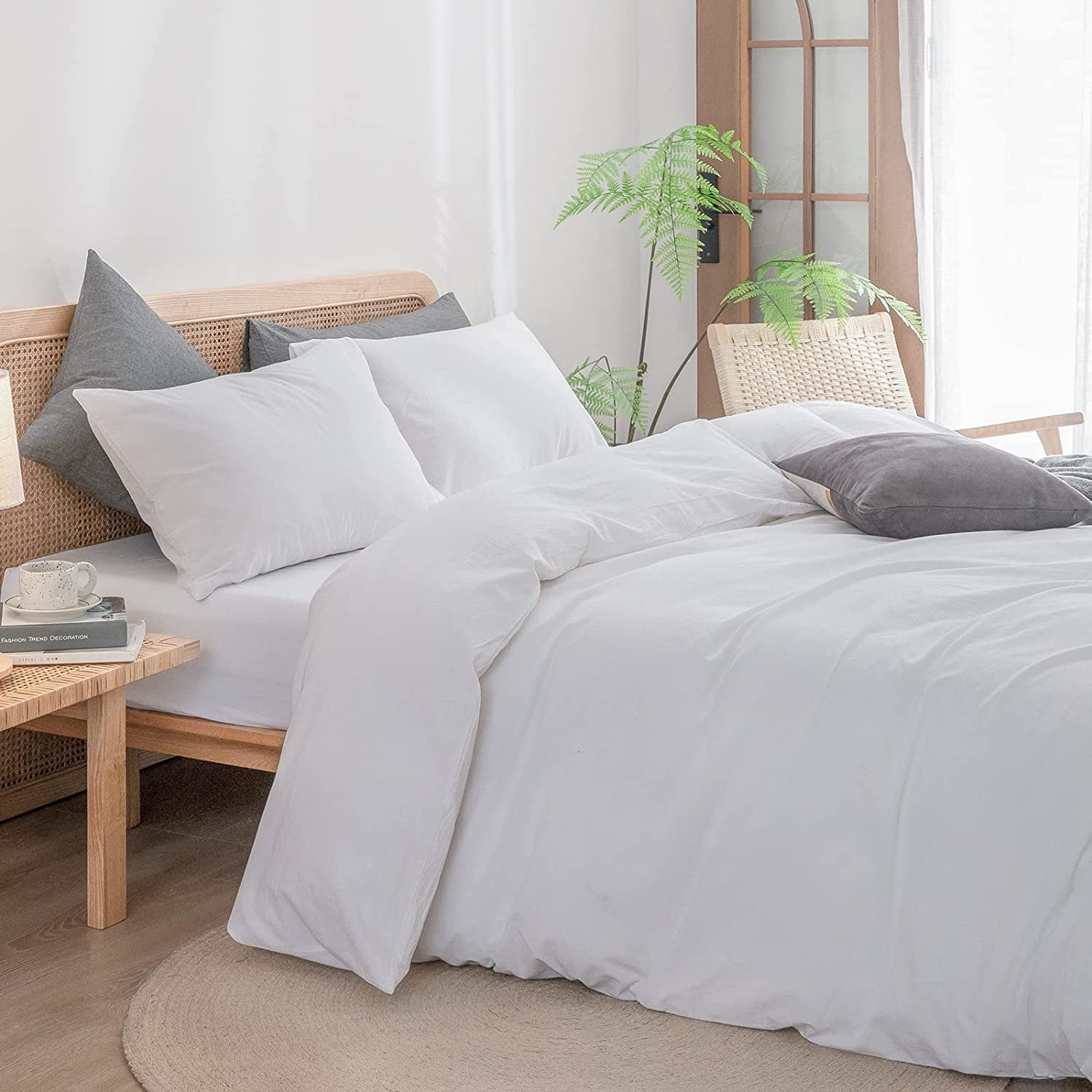 BESTOUCH Duvet Cover Set Full 100% Washed Cotton Linen Feel Soft Chic Lightweight 3Pcs (Bright White, 80"x90")
