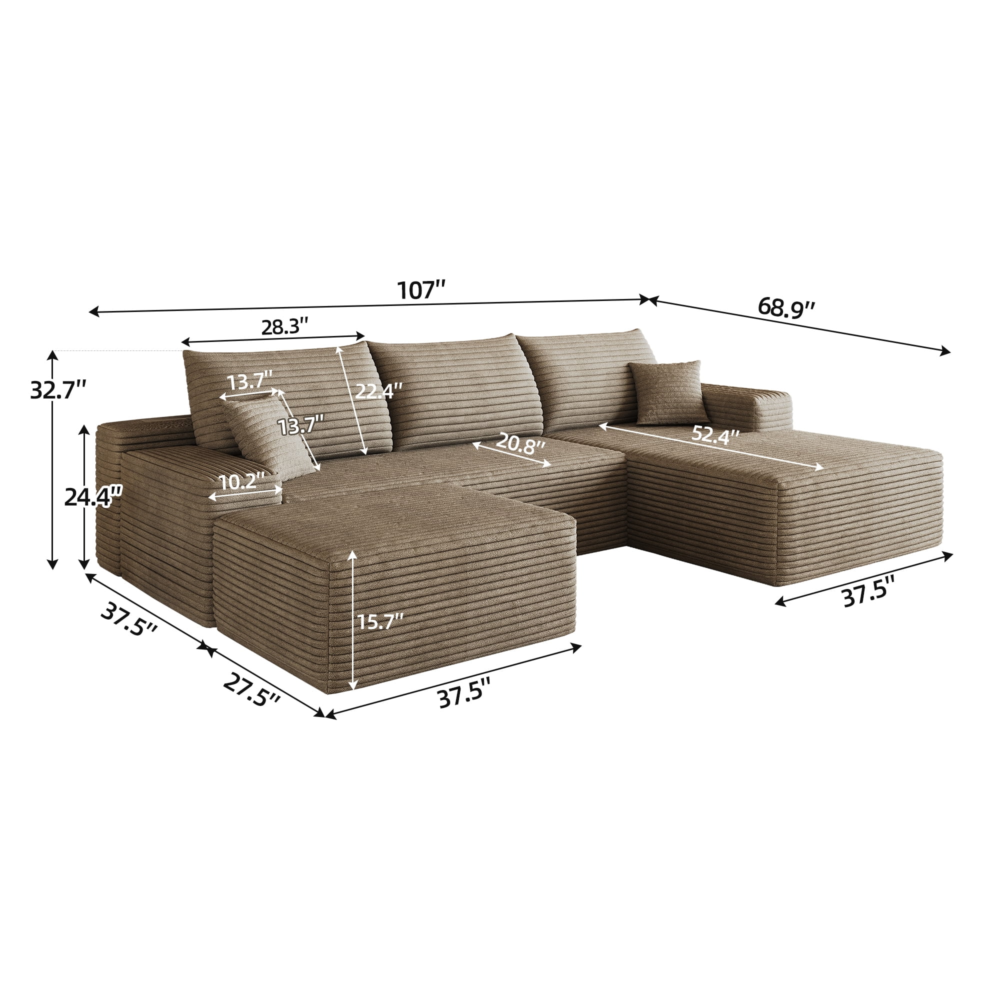 Cloud Sectional Sofa 107 Inch, U-Shaped Modular Couch with Ottoman and Corduroy Fabric, Deep Seat Corner Sofa for Living Room, No Assembly Required, Camel
