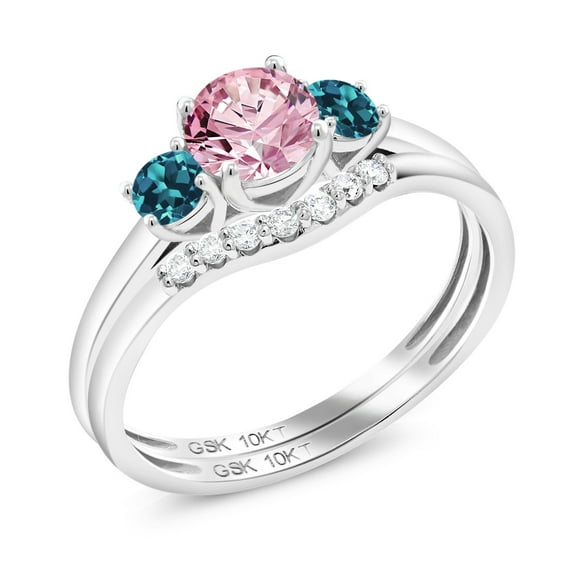 Gem Stone King 10K White Gold Pink Lab Grown Diamond and London Blue Topaz and Lab Grown Diamond Bridal-Sets Ring for Women | 0.82 Cttw | Round 5MM | Gemstone April Birthstone | Size 8