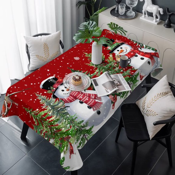 Red Snowman Christmas Table Cloth Waterproof Tablecloths, Xmas Tree Snowflake Winter Birds Tablecloth Dining Table Cover for Kitchen Party Tabletop Outdoor, Rectangle Tablecloth 54x108 Inch
