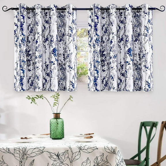 DriftAway Leah Abstract Floral Blossom Ink Painting Room Darkening Thermal Insulated Grommet Unlined Window Curtains 2 Panels 36"L x 52"W Navy/Gray
