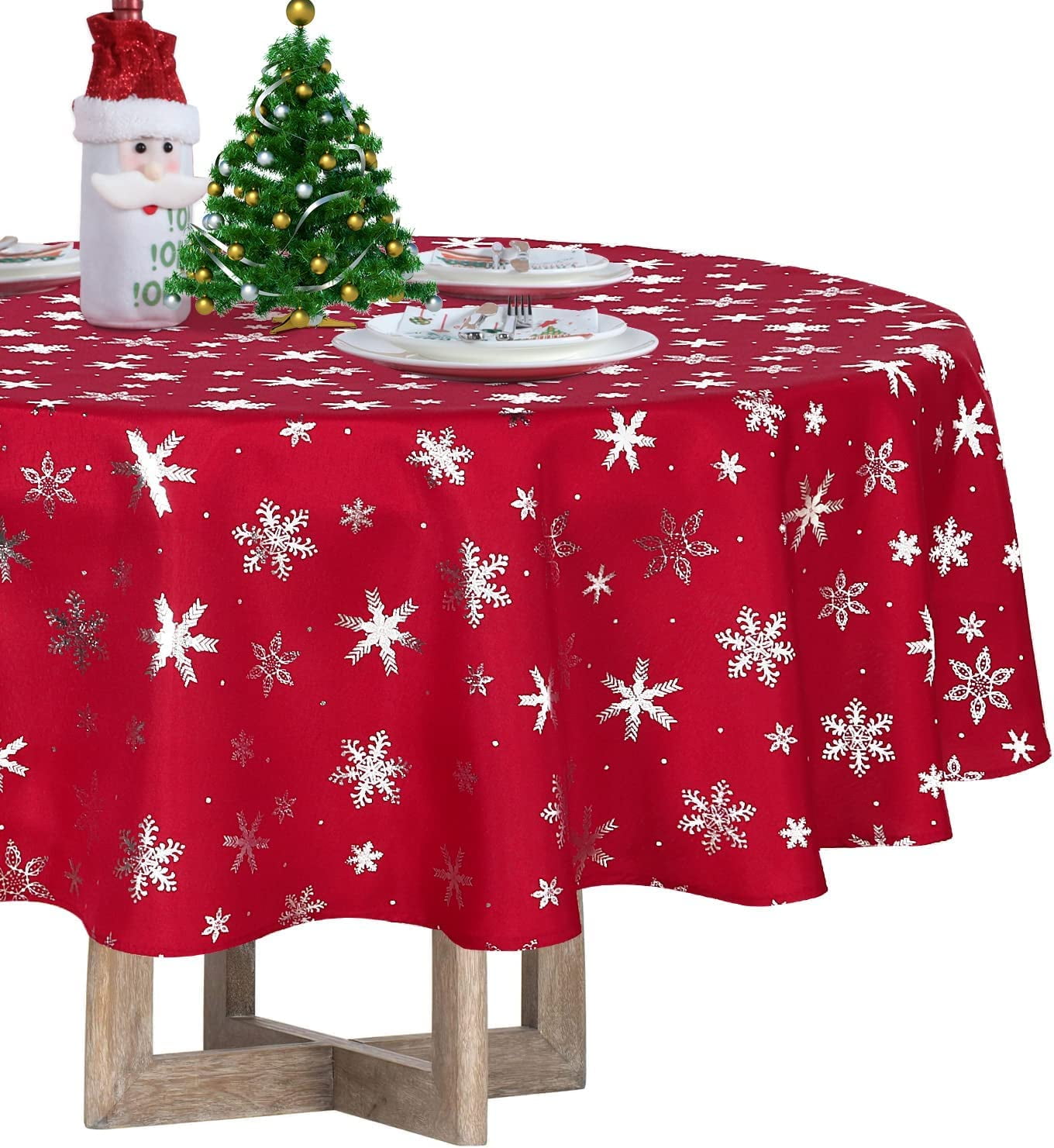 aoselan Christmas Tablecloth Round 60inch Snowflakes Foil Print Pattern Washable Wrinkle