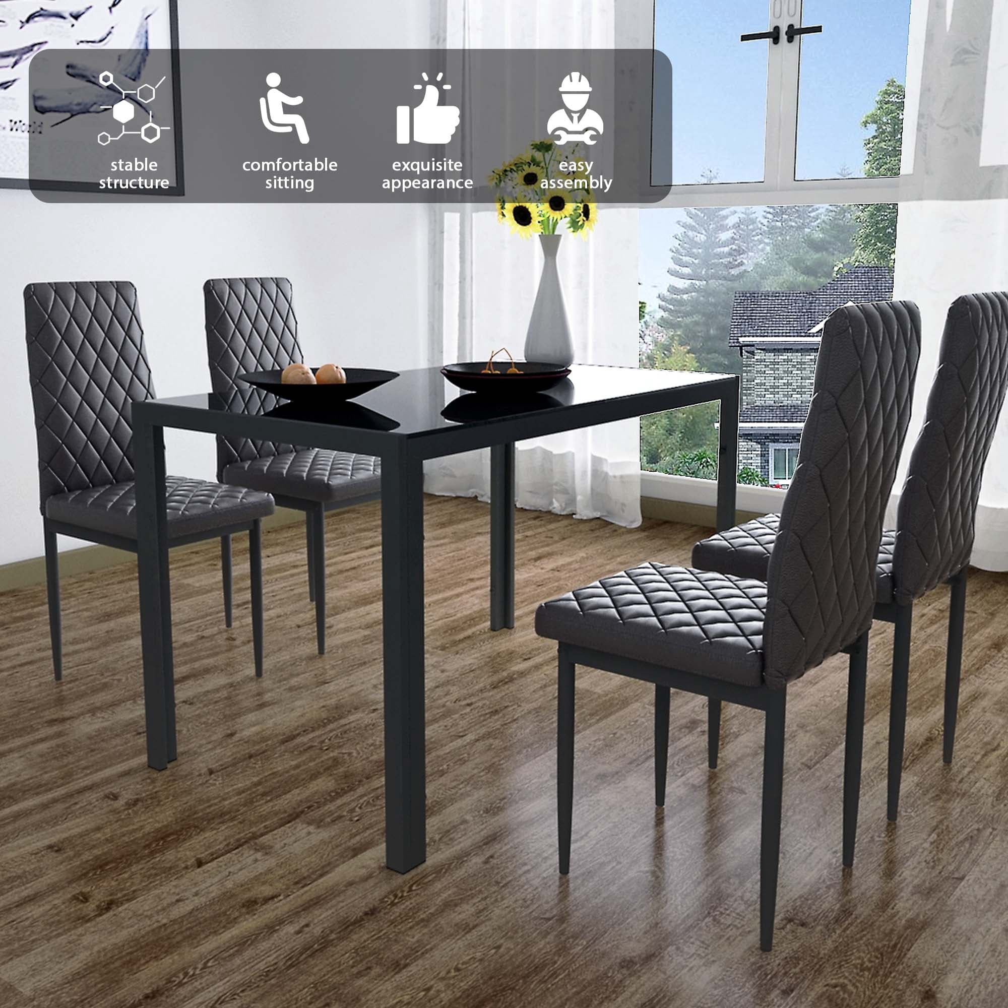 Aukfa 5-Piece Dining Table Set, Tempered Glass Dining Table with 4 Faux Leather Chairs for Dining Room, Kitchen - Black