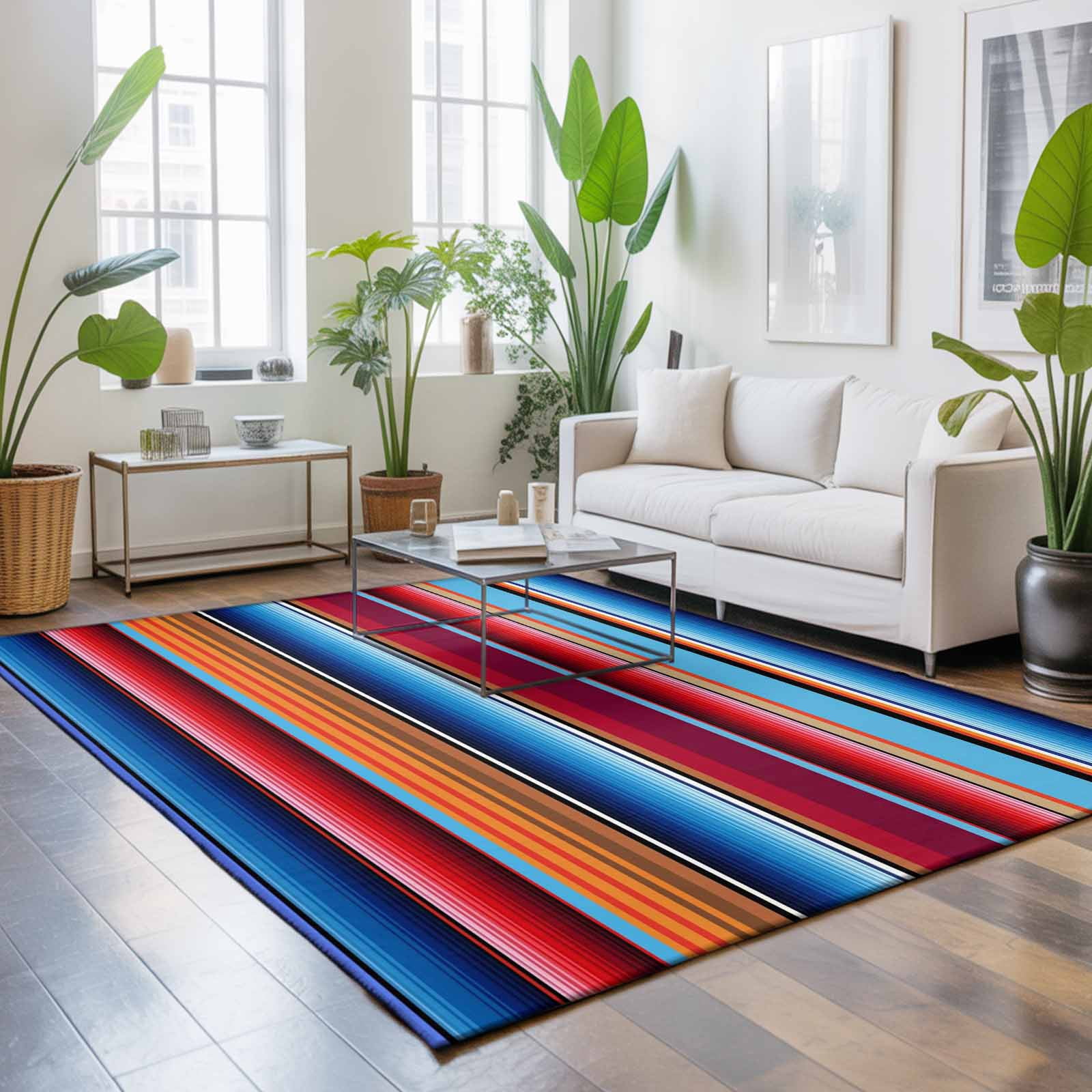 Large Area Rugs 5'x8', Mexican Style Carpet Runner Indoor Outdoor Rugs Home Decor Aesthetic, Colorful Mexico Stripes Ombre Red Blue Non Slip Mats Washable Accent Rug for Living Room Bedroom