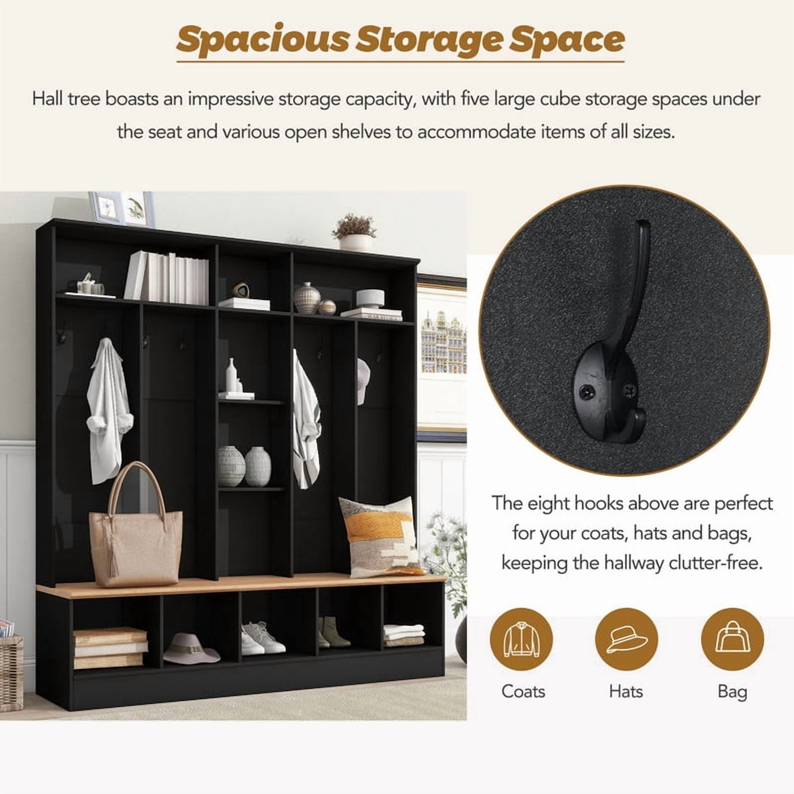 Modern Hall Tree with Storage Bench, Entryway Coat Rack with 8 Hooks, Shoe Cabinet with 5 Cube Compartments and Shelves, Multifunctional Mudroom Organizer for Entryway, Hallway, Living Room