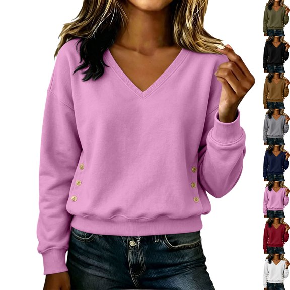 Zvmxot Womens V Neck Fleece Sweatshirts Lightweight Warm Cropped Tops with Pockets Pullover Trendy Casual Going Out Outfits
