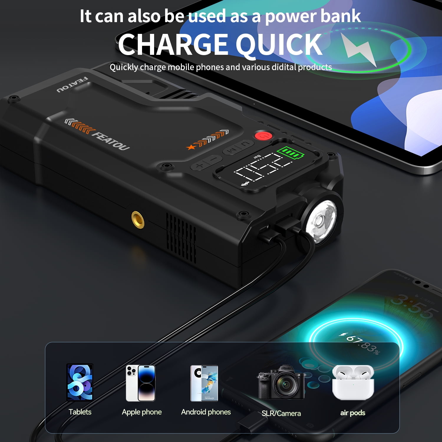 FEATOU 5000A Peak Car Jump Starter with Compressor,12V Battery Jump Starter Portable (up to 8.5L Gas/7.0L Diesel),Emergency Power Bank with LED Light