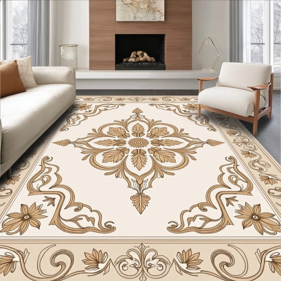 ODIKA 4'x6' Machine Washable Non-Slip Area Rug, Vintage Floral Distressed Ornamental Medallion Elegant Heritage Print High Traffic Rug, Beige, 461221
