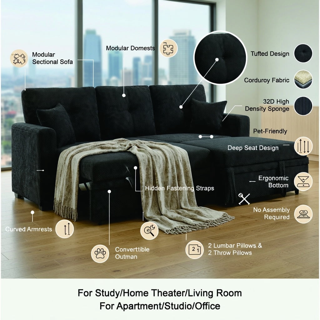 Hommoo Mid-Century Modern Sleeper Sectional Sofa, L-Shaped Convertible Sofa Bed with Reversible Chaise, Hidden Storage & Pull-Out Mattress, Small Space Living Room Furniture, Black