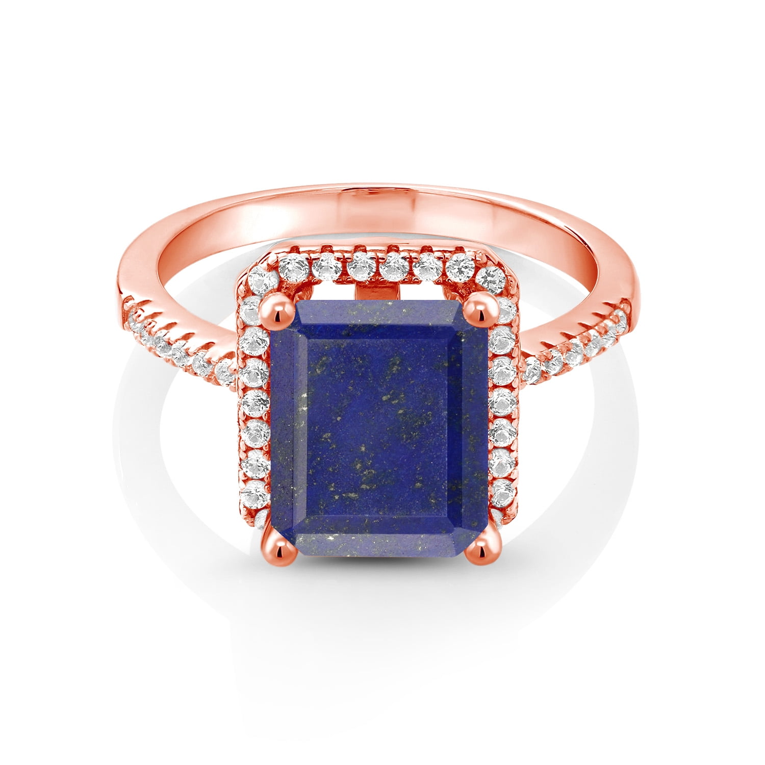 Gem Stone King 18K Rose Gold Plated Silver Blue Lapis Engagement Ring for Women (3.36 Cttw, Emerald Cut 10X8MM, Gemstone Birthstone, Size 8)