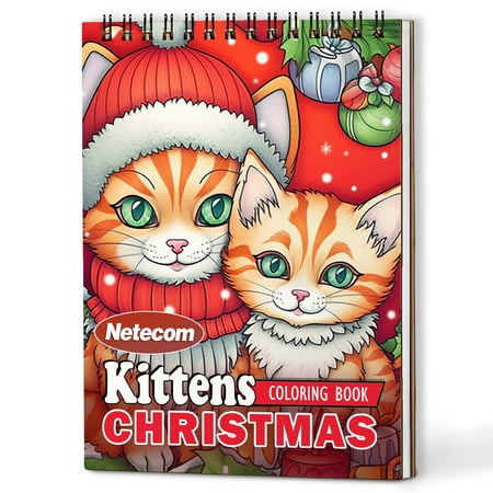 Netecom Christmas Kittens Coloring Book Spiral Bound for Adults A5 Wooden Cover 30 Charming Coloring Pages of Adorable Animals in Festive Scenes for Stress Relief and Relaxation