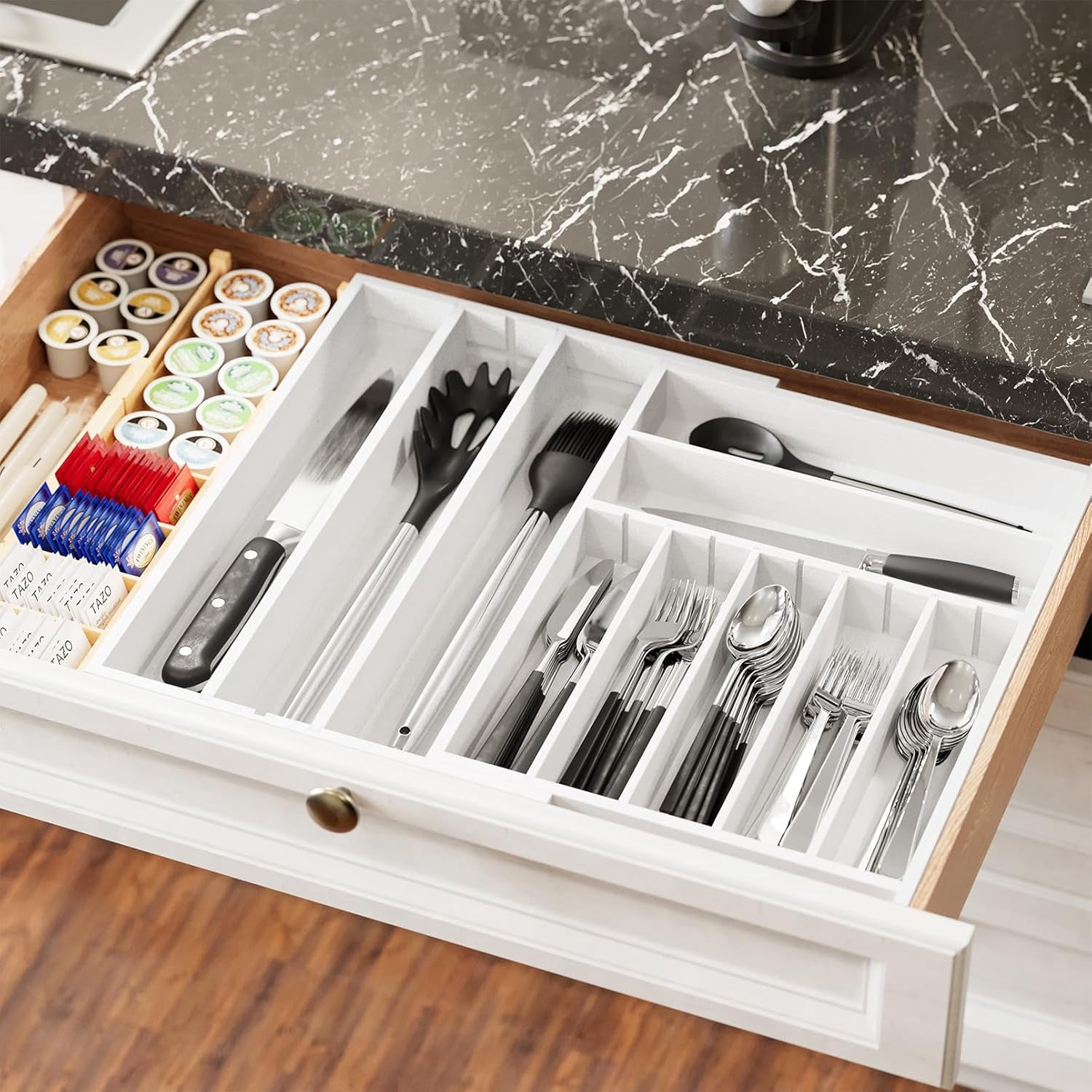 2.5" High Bamboo Silverware Drawer Organizer with Labels, Kitchen Utensil Expandable Tray Holder for Flatware, Cutlery, Spoon and Knives Drawer Storage Organization (White)