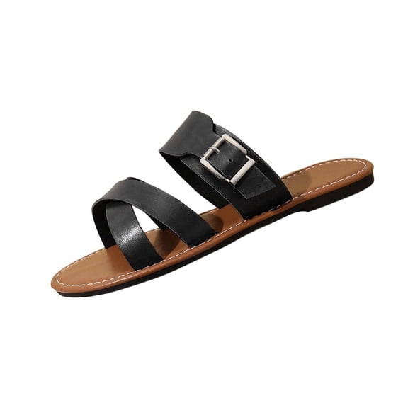 Womens Faux Faux Leather Slide Sandals Flat Comfortable Adjustable Cross Strap Casual Everyday Summer Beach Shoes Black,Size 9.5