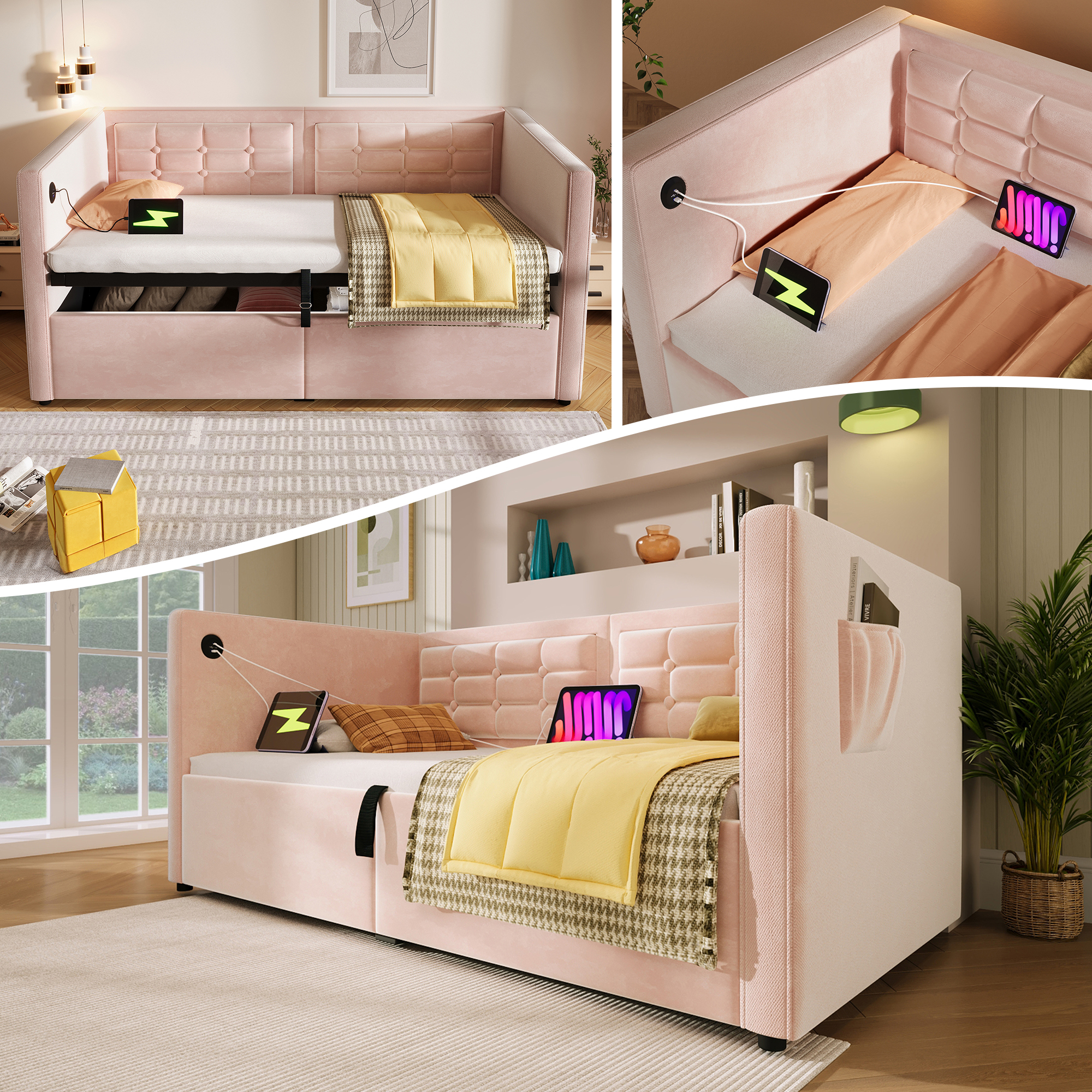 Euroco Upholstered Twin Size Daybed with Hydraulic Storage, Sofa Bed with USB Charging Station, Pink