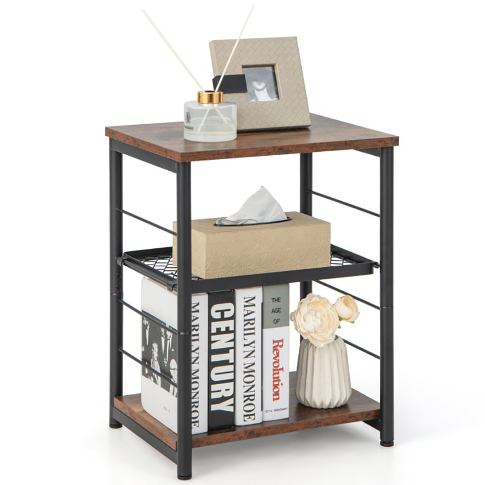 Finihen End Table, 3-Tier Industrial Side Table with Adjustable Mesh Shelf, Sofa Side Table, Bed Side Table, for Living Room, Bedroom, Rustic Brown Finihen End Table, 3-Tier Industrial Side Table with Adjustable Mesh Shelf, Sofa Side Table, Bed Side Table, for Living Room, Bedroom, Rustic Brown