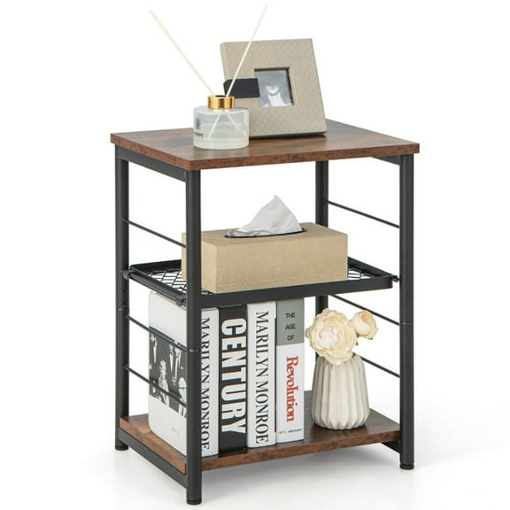 YYAo Dining Table,Side Table,Nightstand,3-Tier Industrial Side Table with Adjustable Mesh Shelf-Rustic Brown
