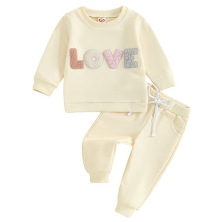 

Mevireiy Baby Girl Boy Tracksuit Letter Embroidery Sweatshirt Tops Elastic Waist Pants Beige 2-3 Years