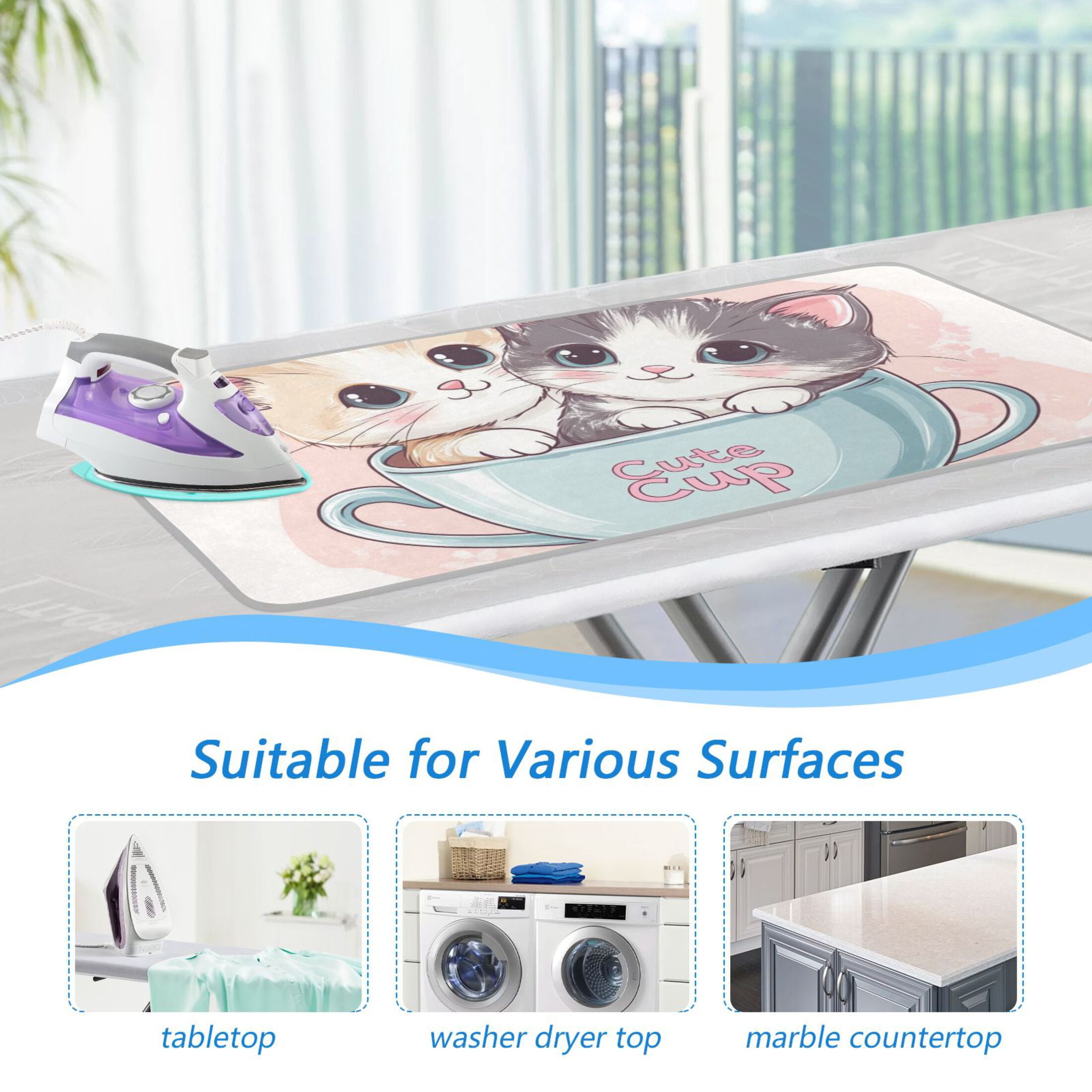 Cute Cats in The Cup Ironing Mat Blanket Portable Travel Ironing Pad Heat Resistant Pad 47.2" x 27.6”