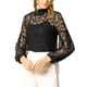 thumbnail image 2 of Blusa transparente de encaje floral de cuello alto con mangas abullonadas para mujer Allegra K 2XL negra, 2 of 7