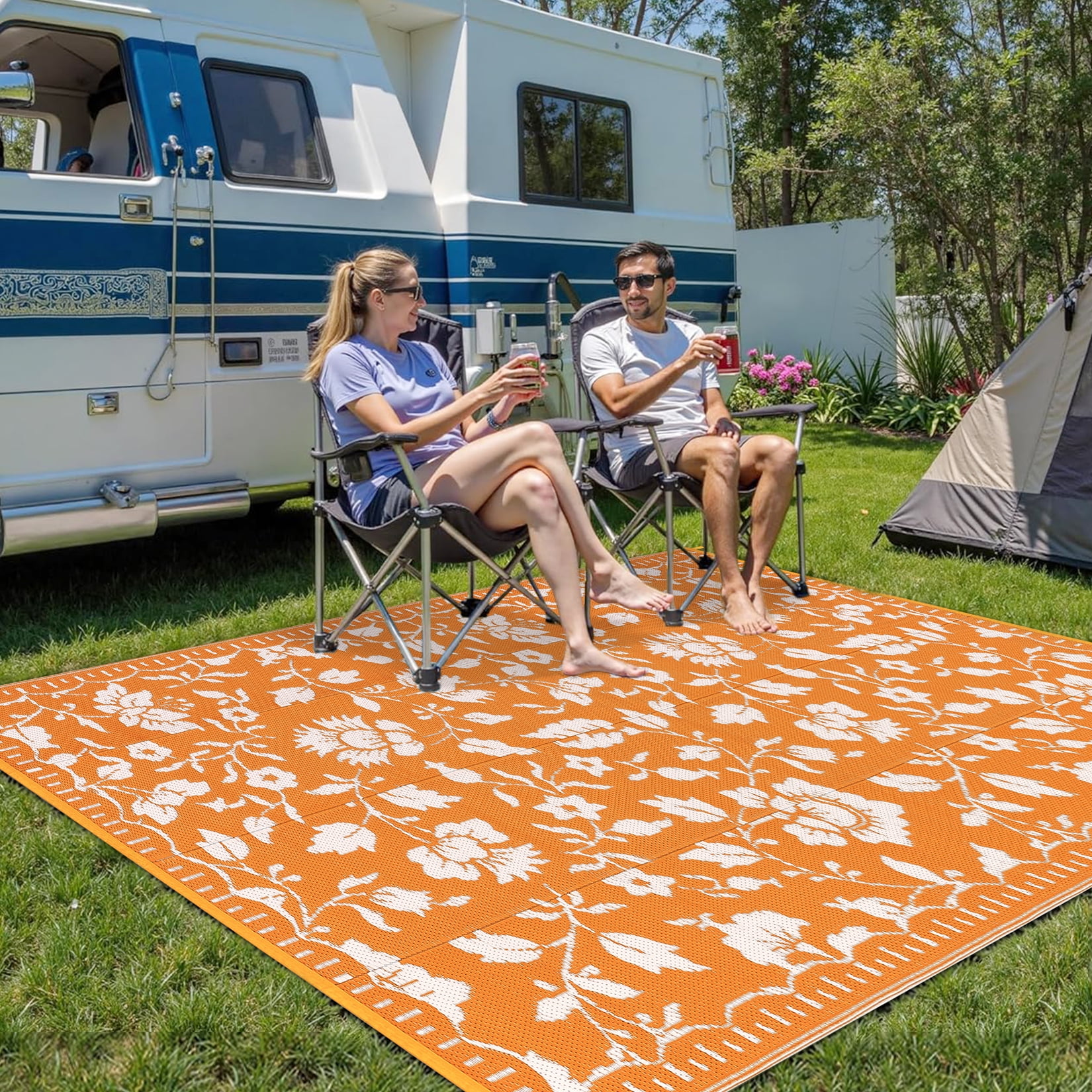 Garvee 10'x14' Outdoor Rug Waterproof Floral Camping Carpet, Reversible Plastic Straw Rug Outdoor Rug for Patio RV Balcony Backyard, Orange