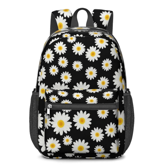 Daisy Pioneer Flower Black Pattern 17" School Backpacks for Teens,Waterproof Oxford Fabric,S-Shape Padded Straps for School,Travel,Hiking,Camping