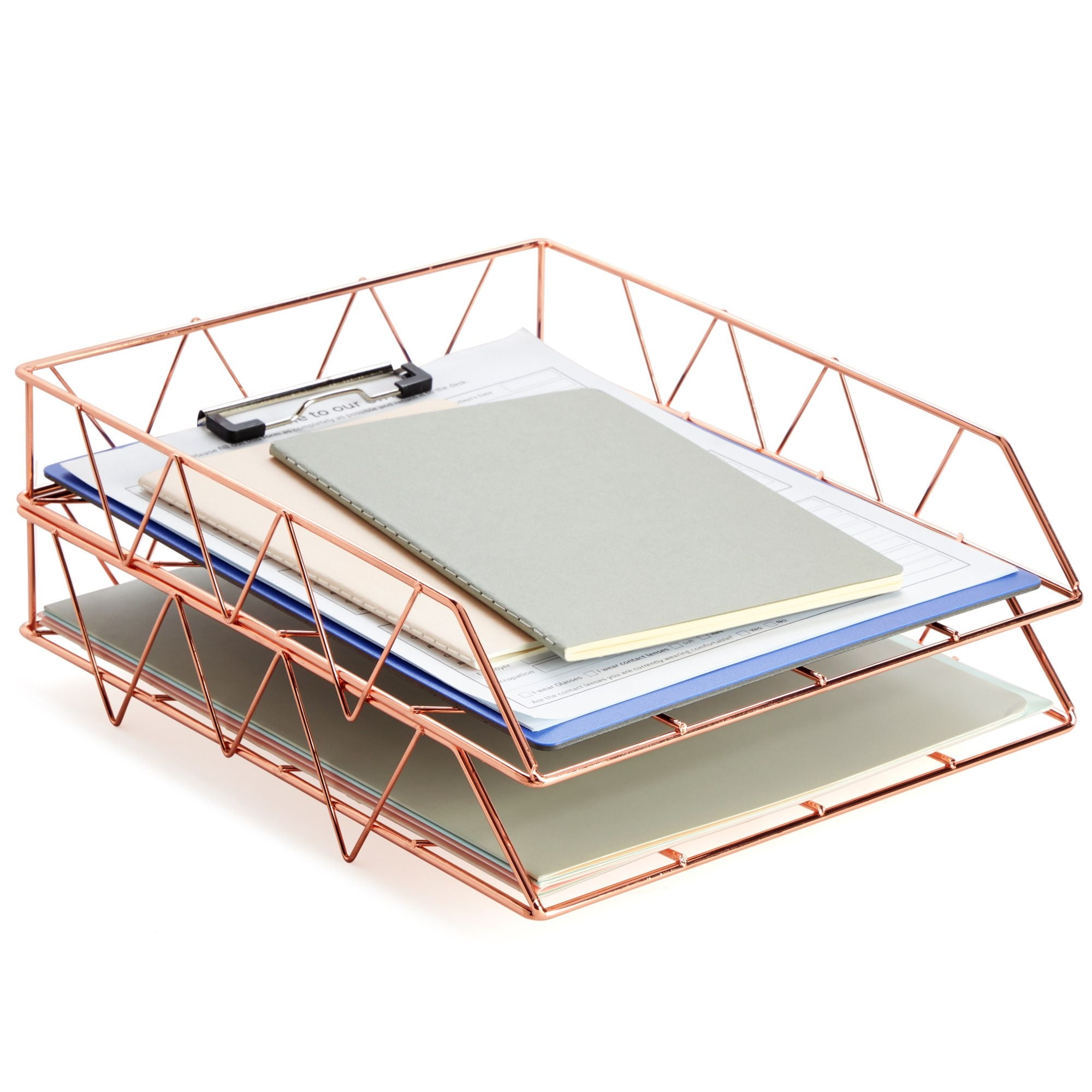 Blu Monaco Gold Desk Organizer - Set Of 2 Stackable Metal Wire Paper Trays, Inbox Tray For Office