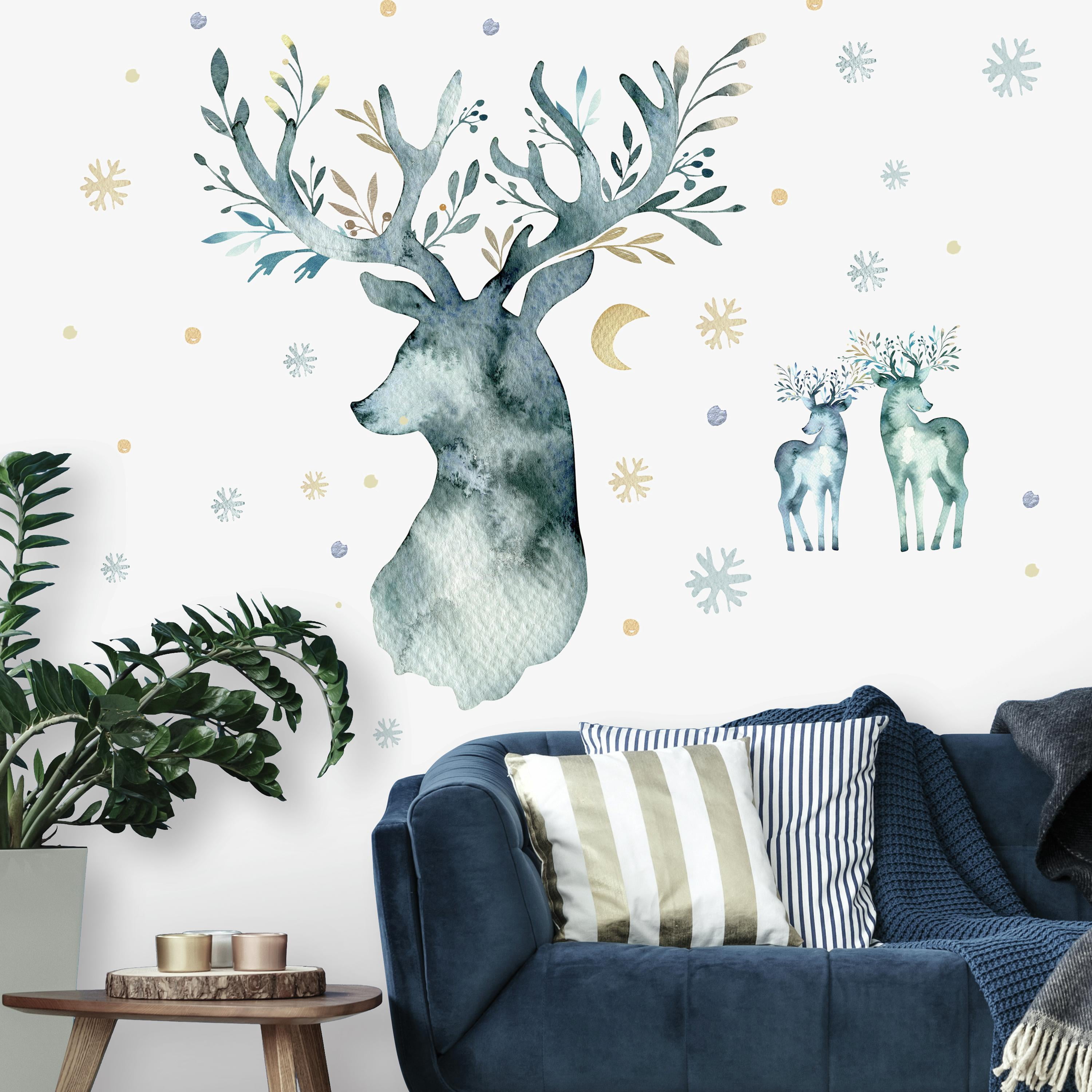 RoomMates Blue Watercolor Winter Deer Peel and Stick Giant Wall Decals